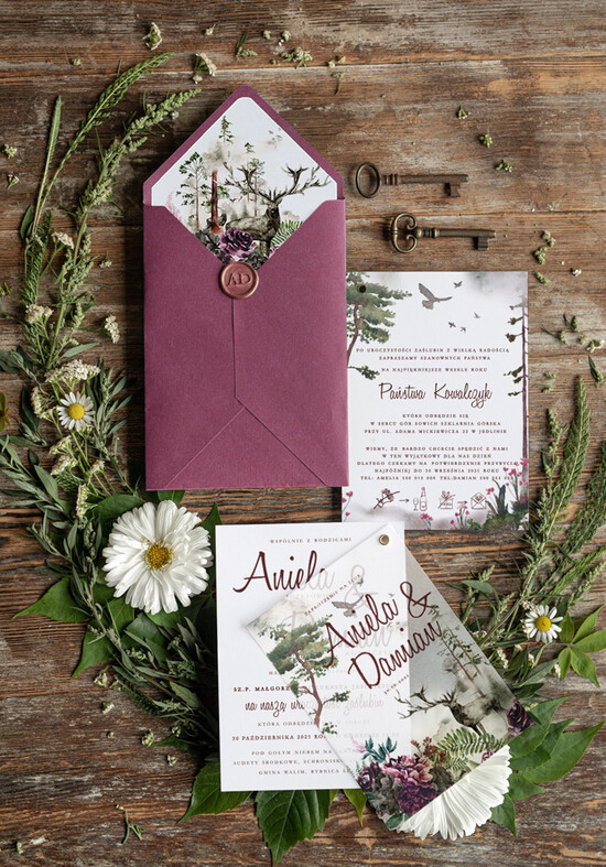 Zaproszenia ślubne Rustykalne i Natura niepowtarzalne zaproszenia ślubne, w stylu rustykalnym na ekologiczne wesele 01/laskal/z