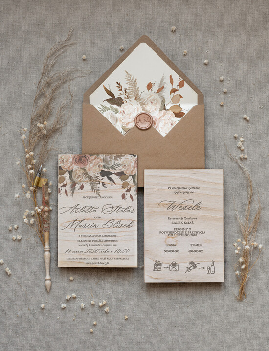 Zaproszenia ślubne Rustykalne i Natura zaproszenia ślubne boho druk treści na drewnie  05/drw/z