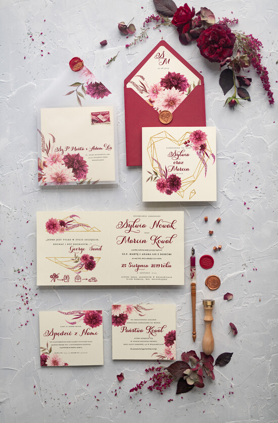 Zaproszenia ślubne Rustykalne i Natura rustykalne zaproszenia ślubne bordowe geometryczne serce bordo kwiaty zaproszenie na ślub na ślub cy 7/CB/z