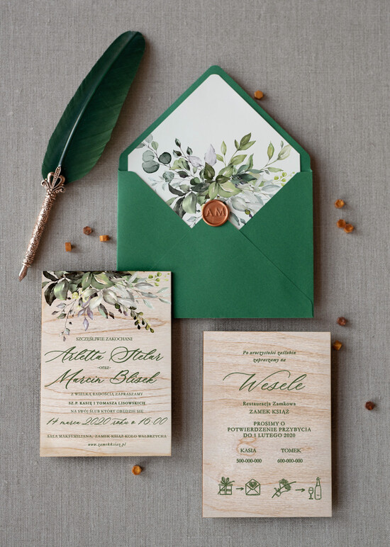 Zaproszenia ślubne Rustykalne i Natura rustykalne zaproszenia ślubne drewniane zaproszenie na ślub zielona koperta z eukaliptusem 03/drw/z