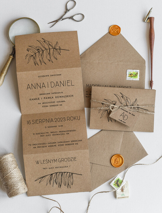 Zaproszenia ślubne Rustykalne i Natura Rustykalne Zaproszenia Ślubne Listki Składane Zaproszenia na Rustykalny Ślub w lesie Ekologiczne Zap 03/LASsznEko/z