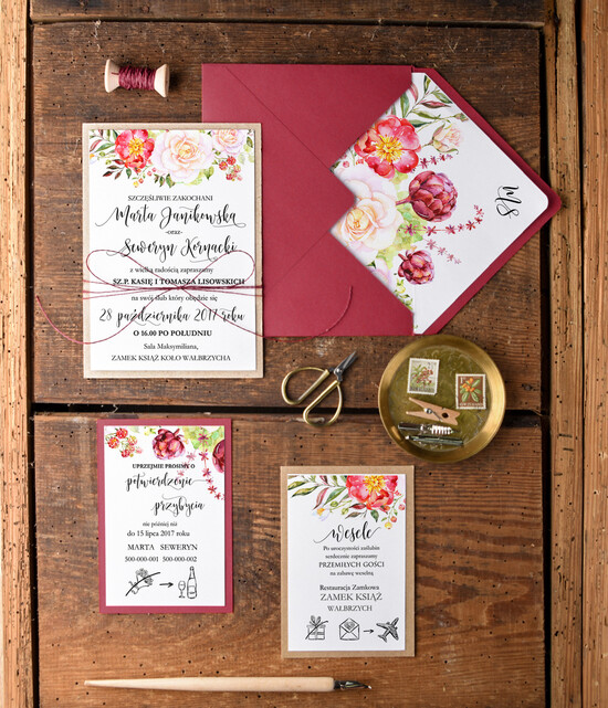 Zaproszenia ślubne Rustykalne i Natura nowoczesne bordowe zaproszenia na ślub w stylu rustykalnym na ekologiczne wesele   91/cc/z