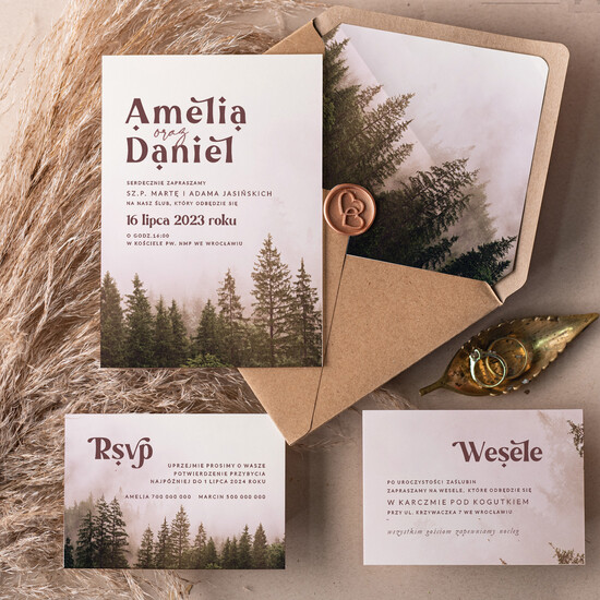 Zaproszenia ślubne Rustykalne i Natura proste rustykalne zaproszenia ślubne, zaproszenia z grafiką lasu w stylu rustykalnym, zaproszenia sl 03/LASj/z