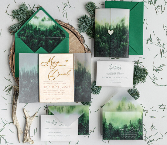 Zaproszenia ślubne Rustykalne i Natura wyjatkowe zaproszenia na wesele, rustykalne i nowoczesne naturalne i eleganckie zaproszenia slubne,  01/LasDR/z