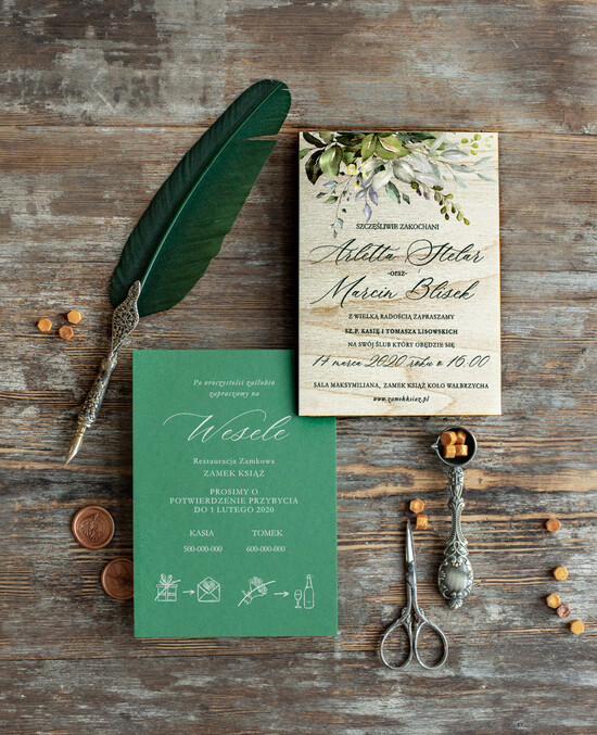 Zaproszenia ślubne Rustykalne i Natura drewniane rustykalne zaproszenia ślubne  boho zielone liście eukaliptusa zaproszenie na ślub  01/drw/z