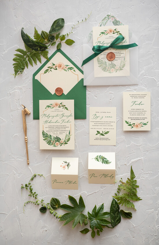 Zaproszenia ślubne Rustykalne i Natura zielone zaproszenia na ślub w stylu rustykalnym z kwiatami i kolorową kokardą  55/CBw/z
