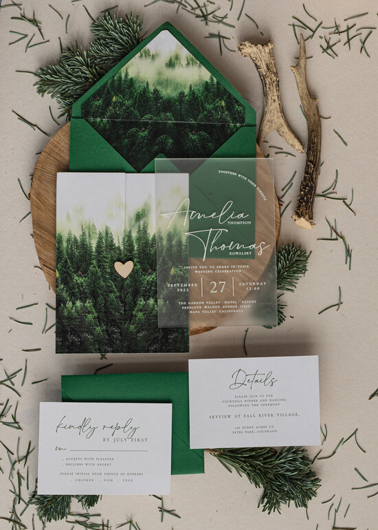 Zaproszenia ślubne Rustykalne i Natura zaproszenia ślubne z satynowej pleksy, zielone zaproszenia na ślub, eleganckie zaproszenia z pleksy, 01/LasPlx/z