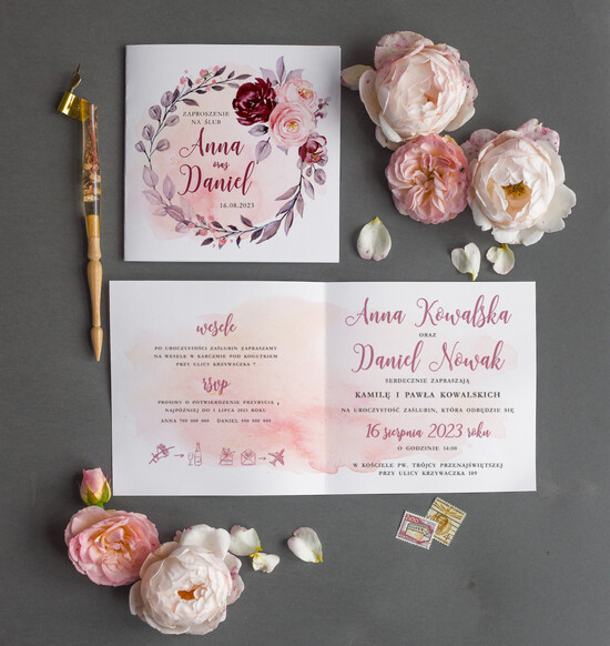 Zaproszenia ślubne Rustykalne i Natura Rustykalne Zaproszenia Ślubne Boho Róże  Zaproszenia na Rustykalny Ślub Boho Kwiaty  Zaproszenie na  21/CB/z