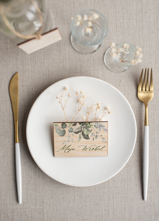 Winietki rustykalne  winietki ślubne na stół weselny wizytówki ślubne w stylu rustykalnym drewniane nadruk UV 01/drw/w