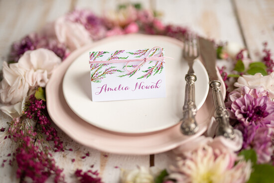 Winietki rustykalne eleganckie winietki na stół weselny wizytówki ślubne, shabby chick rustykalne 1/wrzos/w