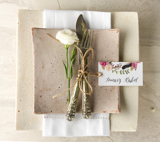 Winietki Boho/etno/pióra ślubne winietki na stół weselny 03/bhSZ/wP