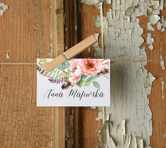 Winietki Boho/etno/pióra usadzenie gości na weselu winietki 08/BHszK/wKL