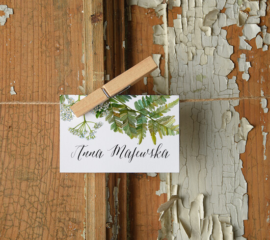 Winietki Boho/etno/pióra rustykalne ślubne wizytówki na stół  z paprotką winietki na stół weselny    13/BHszK1/wKL