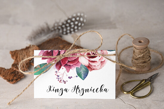 Winietki Boho/etno/pióra boho wizytówki ślubne  winietki ślubne z motywem kwiatowym i sznurkiem rustykalne 49/cc/w