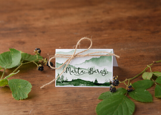 Winietki Boho/etno/pióra zielone rustykalne winietki ślubne  z motywem gór wizytówki na góralski stół weselny  57/ccs/w