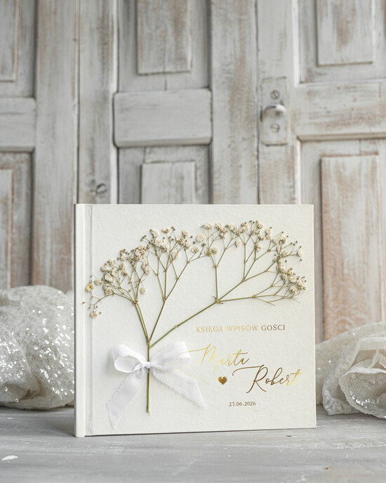 Księgi wpisów gości Boho/etno/pióra Księga wpisów gości z gipsówką na zdjęcia z instaxa, ksiega pamiątkowa na wpisy gości weselnych i zd 01/gipsSZws/kwg