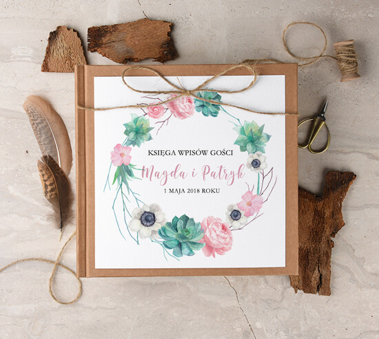 Księgi wpisów gości Boho/etno/pióra nietypowa księga gości ślub i wesele, boho style z romantycznymi elementami 11/ccs/kwg