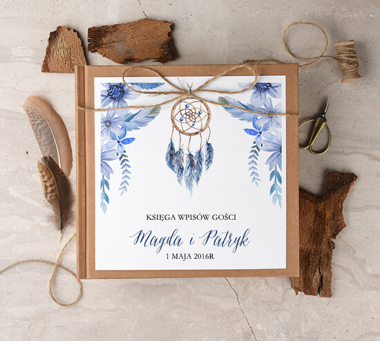 Księgi wpisów gości Boho/etno/pióra ksiega gosci weselnych z ankietami wybierz swoje kartki, boho style z romantycznymi elementami 15/BHszK/kwg