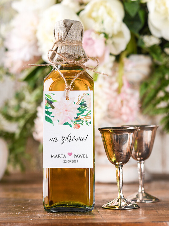 Zawieszki na butelki boho/etno/pióra etykieta na wódkę weselną, boho dowolna tresc 07/bhSZ/zw