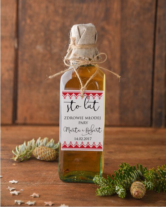 Zawieszki na butelki boho/etno/pióra etykieta na wódkę weselną, boho dowolna tresc 81/ccs/zw