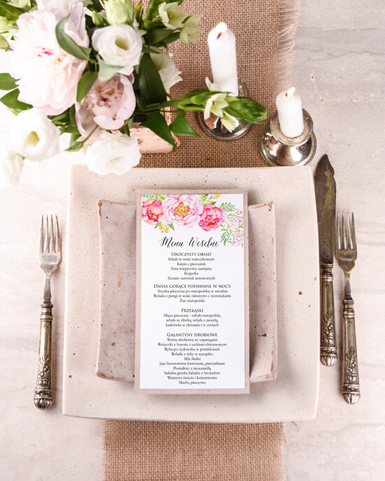 Menu boho karta dań weselnych menu weselne plan podawania posiłków, boho kwiaty wasze imiona 002/BHszK/m