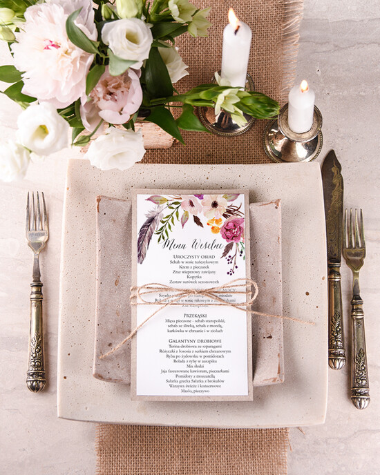 Menu boho ślubne menu z planem podawania dań wesenych, boho na romantyczne wesele 05/BHsz1/m