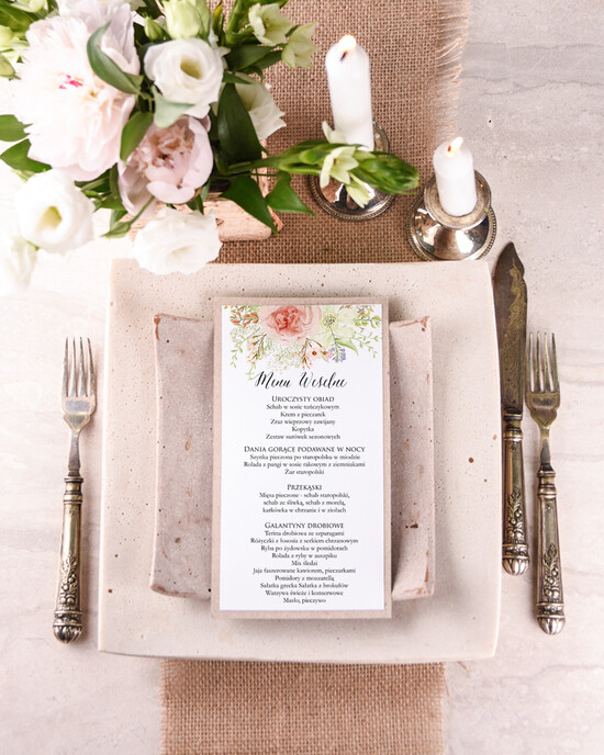 Menu boho weselne menu karta potraw weselnych, boho kwiaty wasze imiona 12/BHszK1/m