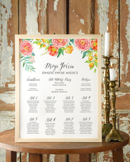 Plany stołów Plakaty Boho planer ślubny plan usadzenia gości na weselu, boho styl kolorowe kwiaty 002/glBH/PL