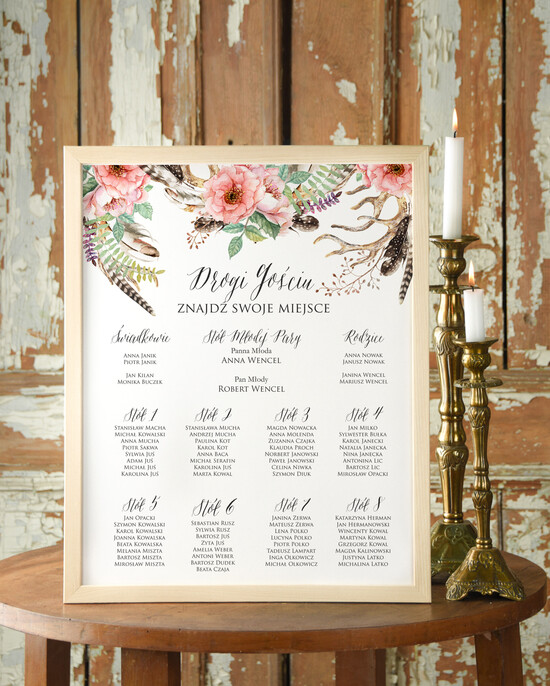 Plany stołów Plakaty Boho powitanie i usadzenie gości plan stołów weselnych, boho styl romantyczne kwiaty 004/BHszK/PL