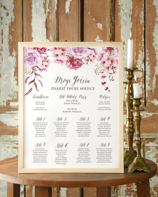 Plany stołów Plakaty Boho tablica z planem stołów na wesele plan stołów weselnych, boho styl romantyczne kwiaty 10/BHsz1/PL