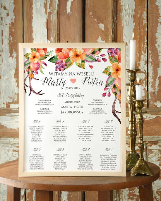 Plany stołów Plakaty Boho powitanie gości na sali ślubnej i plan stołów, w stylu boho romantyczne kwiaty\\ 26/cc/PL