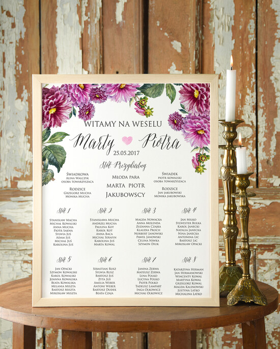 Plany stołów Plakaty Boho plansza ślubna plan stołów weselnych, plakaty boho kwiaty eteryczne 48/CC/PL