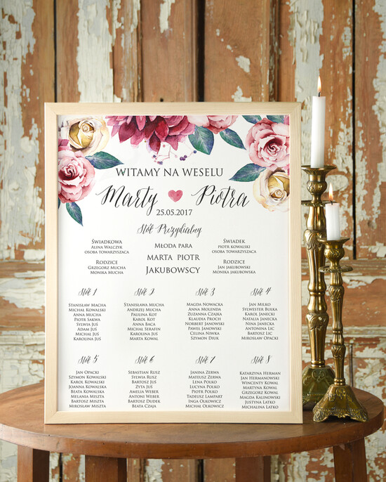 Plany stołów Plakaty Boho tablica informacyjna dla gości weselnych, boho styl kolorowe kwiaty 49/cc/PL