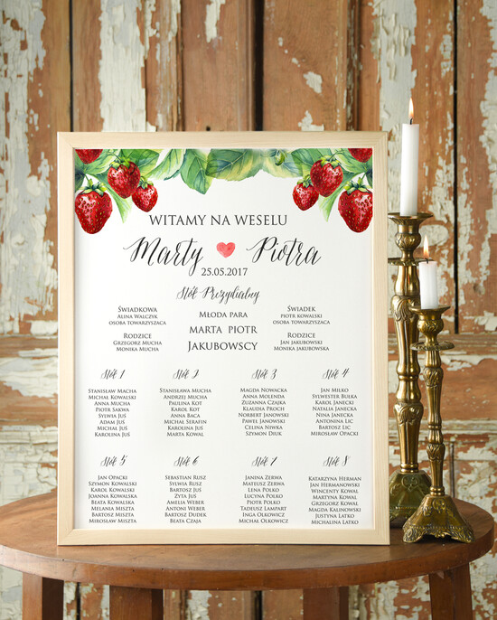 Plany stołów Plakaty Boho powitanie gości na sali ślubnej i plan stołów w stylu boho truskaweczki 76/cc/PL