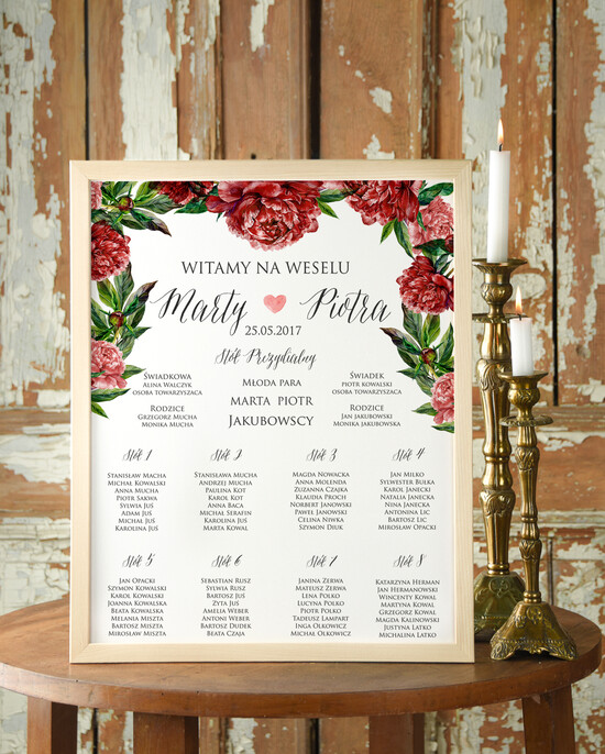 Plany stołów Plakaty Boho plansza ślubna plan stołów weselnych, boho styl romantyczne kwiaty 80/cc/PL