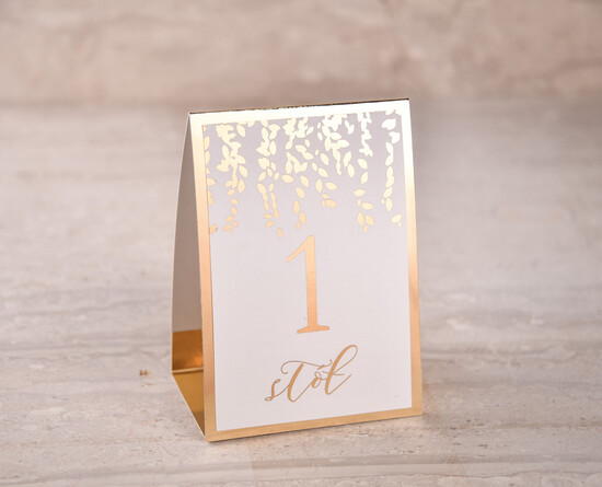 Numery na stół Glamour tabliczka z numerem stołu weselnego, zlocone klasyczna elegancja 004/Ggl/nr