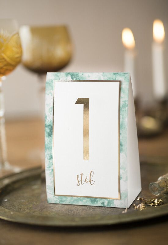 Numery na stół Glamour usadzenie gości numery na stół weselny, złote złocone eleganckie i klasyczne 04/GNO/nrS