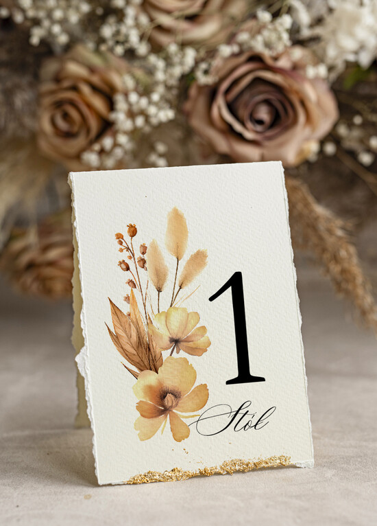 Numery na stół Glamour numery na stoły weselne, stojak z numerkiem na stół weselny, numerki na soły weselne z płatkami złot 04/wrzlN/nrS25