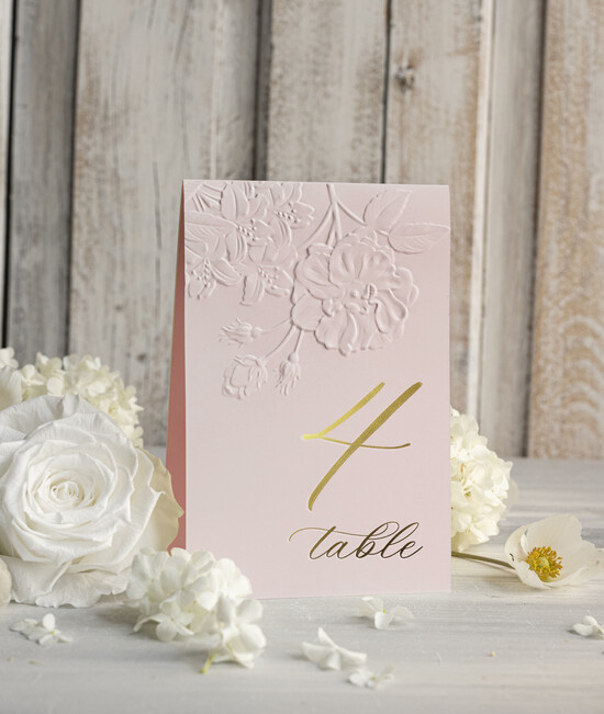 Numery na stół Glamour numerki na stół weselny z tłoczonymi kwiatami, eleganckie numerki na stoły weselne, tłoczone numerki 01/TłoczWs/nrS25