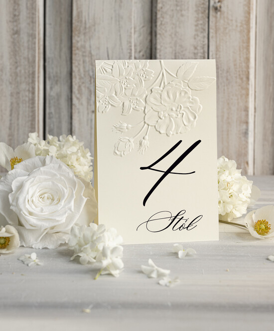 Numery na stół Glamour numerki na stoliki ślubne, tłoczone kwiaty na numerach stołów weselnych, ślubne tabliczki z numerami 01/WytKieszZł/nrS25