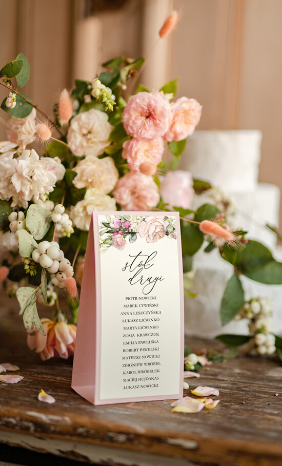 Numery na stół Otwarte jednokartkowe usadzenie gości numery na stół weselny, klasyczne i eleganckie usadzenie gości na weselu 100/roselak/nrS