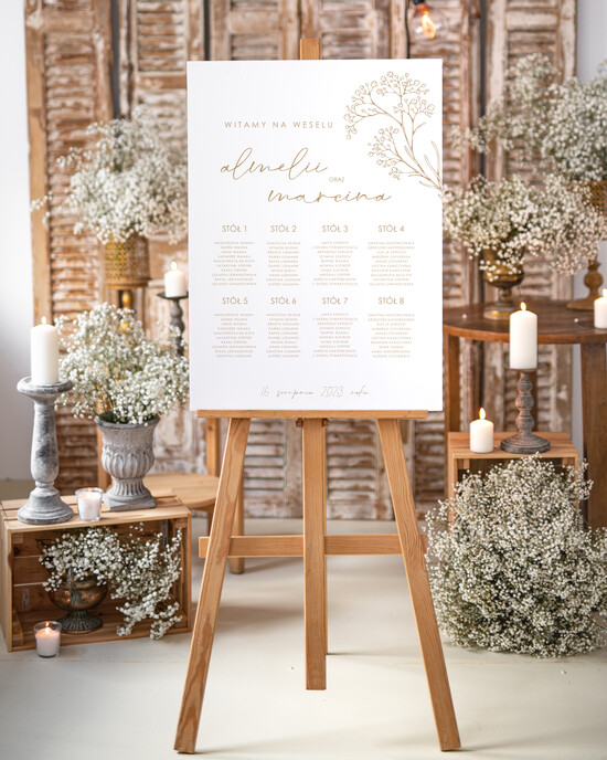 Plany stołów Plakaty Rustykalne tablica z planem stołów na wesele plan stołów weselnych prosty i nowoczesny plan usadzenia gości  02/Now/PL