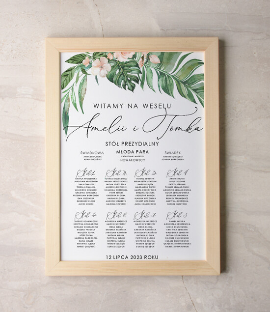 Plany stołów Plakaty Rustykalne Zielone liście planer ślubny plan usadzenia gości na weselu w stylu rustykalnym dopasuj swoj rozmiar 55/CBw/PL