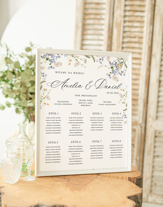 Plany stołów Plakaty Rustykalne tablica z planem stołów na wesele plan stołów weselnych, plan usadzenia gości na weselu, plansza z u 01/NW/PL25