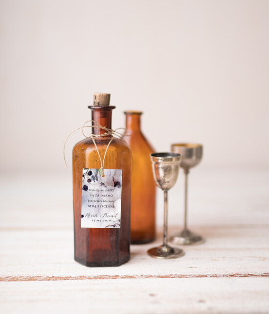 Zawieszki na butelki botaniczne podróżnicze  etykieta na alkohol weselny, boho z waszą treścią 02/Abot/zw