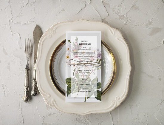 Menu botaniczne podróżnicze  ślubne menu karta potraw weselnych, vintage wasz tekst 12/Vbot/m