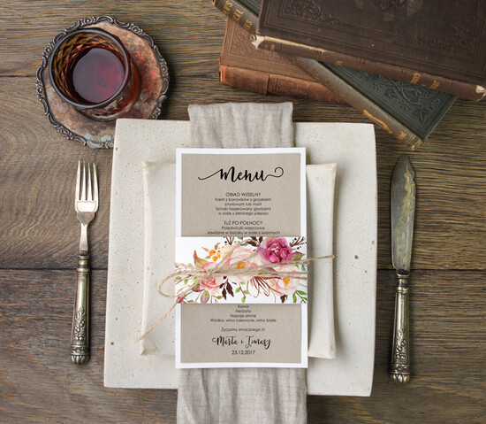 Menu botaniczne podróżnicze  weselne menu karta potraw weselnych, eleganckie na klasyczne wesele 18/bot/m