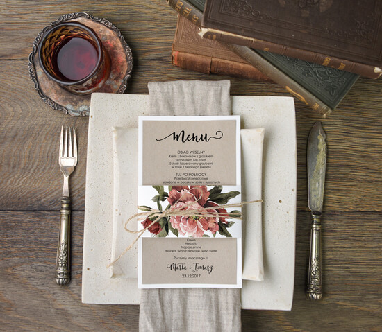 Menu botaniczne podróżnicze  ślubne menu z planem podawania dań wesenych, botaniczne z waszą treścią 19/bot/m