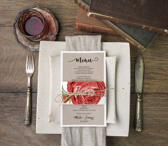 Menu botaniczne podróżnicze  menu weselne na stoły plan podawania posiłków, vintage wasz tekst 25/bot/m
