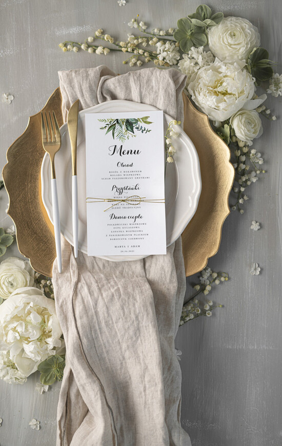 Menu botaniczne podróżnicze  Menu weselne, delikatne i proste menu ślubne, plan podawania posiłków na weselu, karta dań weselnych 02/harm/m